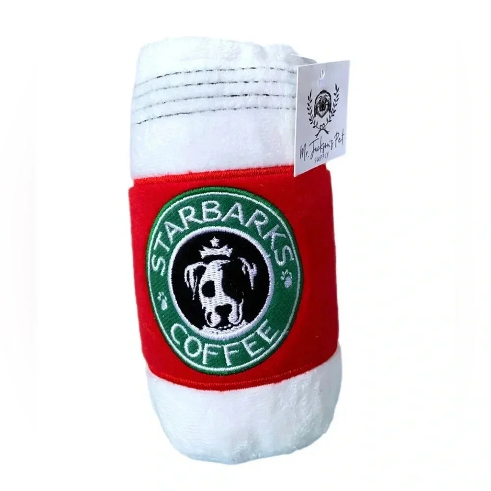 Starbarks Coffee Dog Toy Plushy- Embroidered, Soft w/Squeak